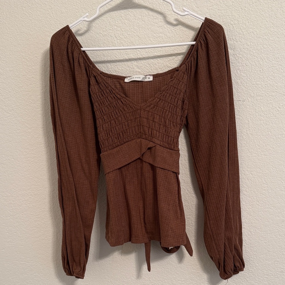 Altar'd State Brown Smocked Long Sleeve Blouse